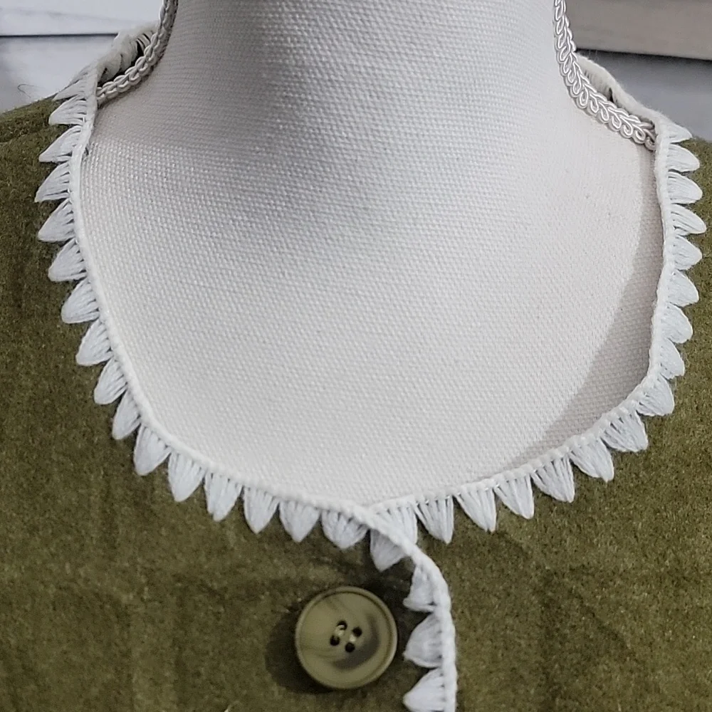 Olive Green Coat and Scarf Set with White Trim Size Small - Picture 7 of 14
